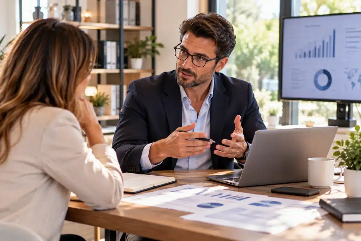 Agence SEO cabinet de conseil : consultant en rendez-vous avec une dirigeante