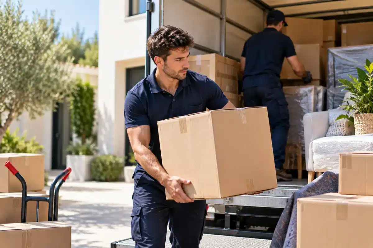 Agence SEO déménageur : déménageurs chargeant des cartons dans un camion