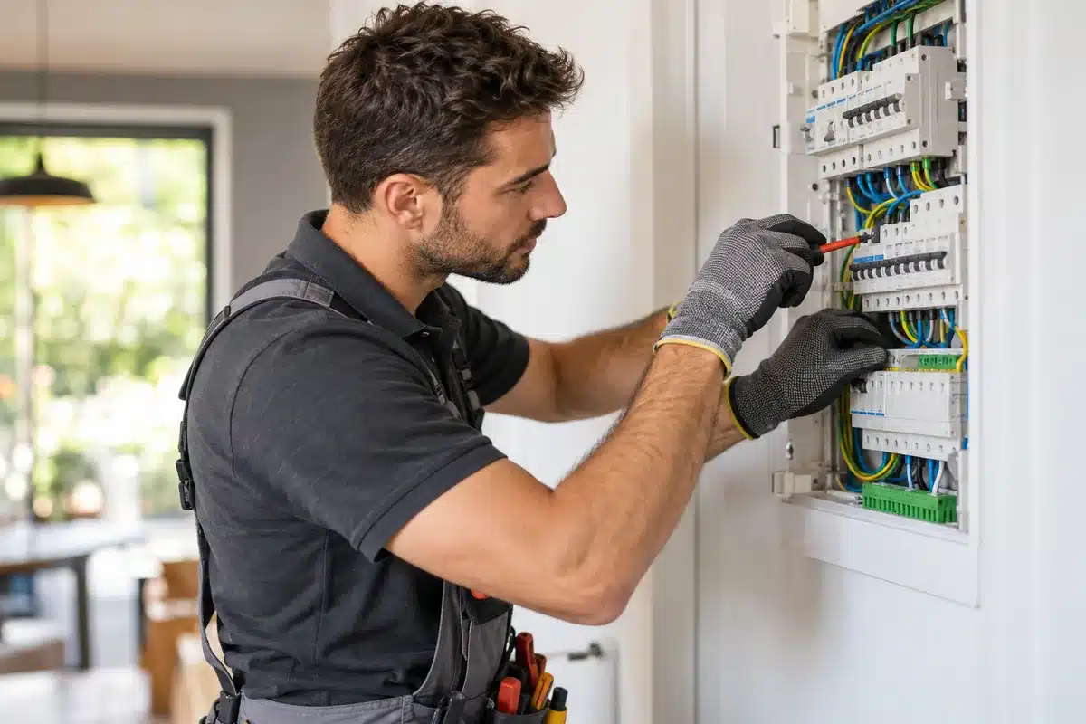 Agence SEO électricien : électricien intervenant sur un tableau électrique