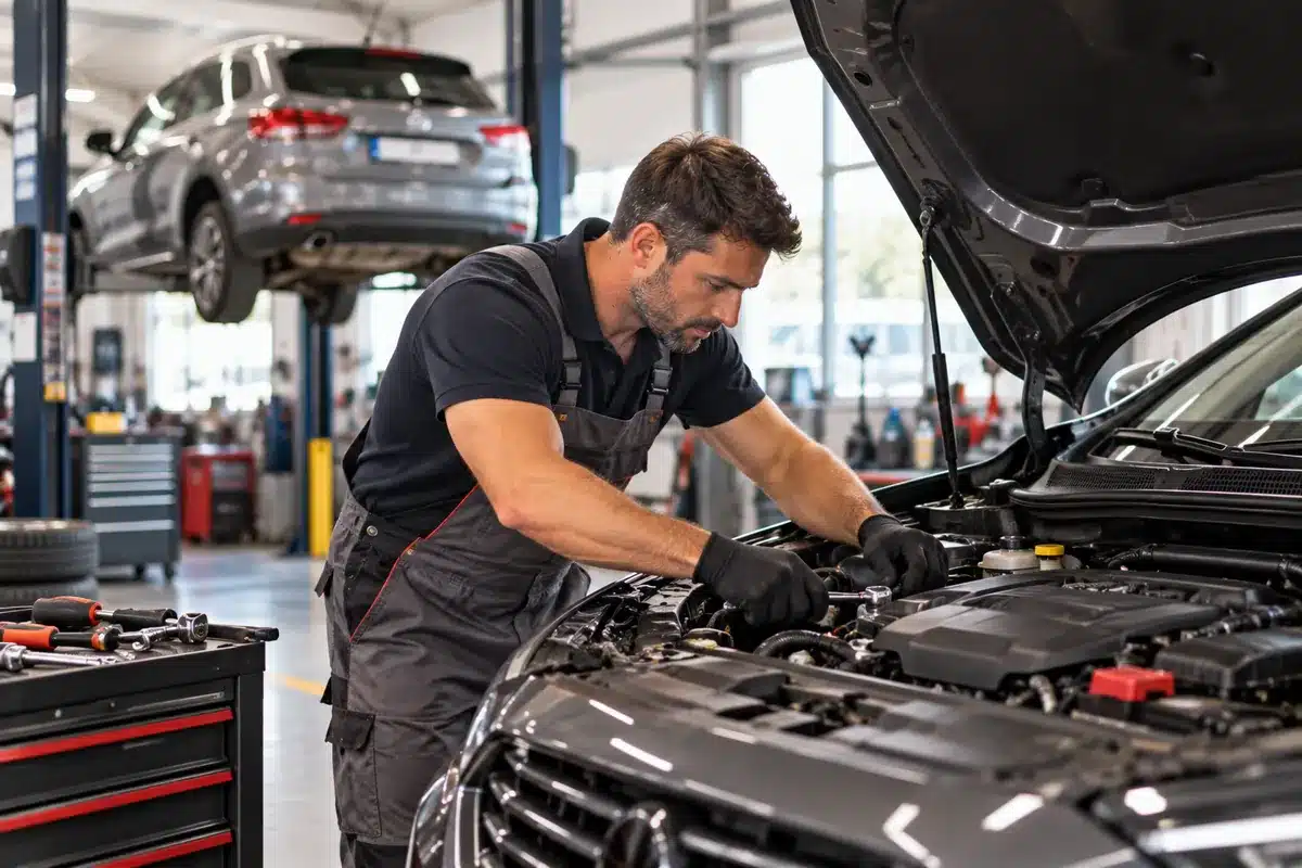 Agence SEO garage automobile : mécanicien intervenant sur un moteur dans un atelier