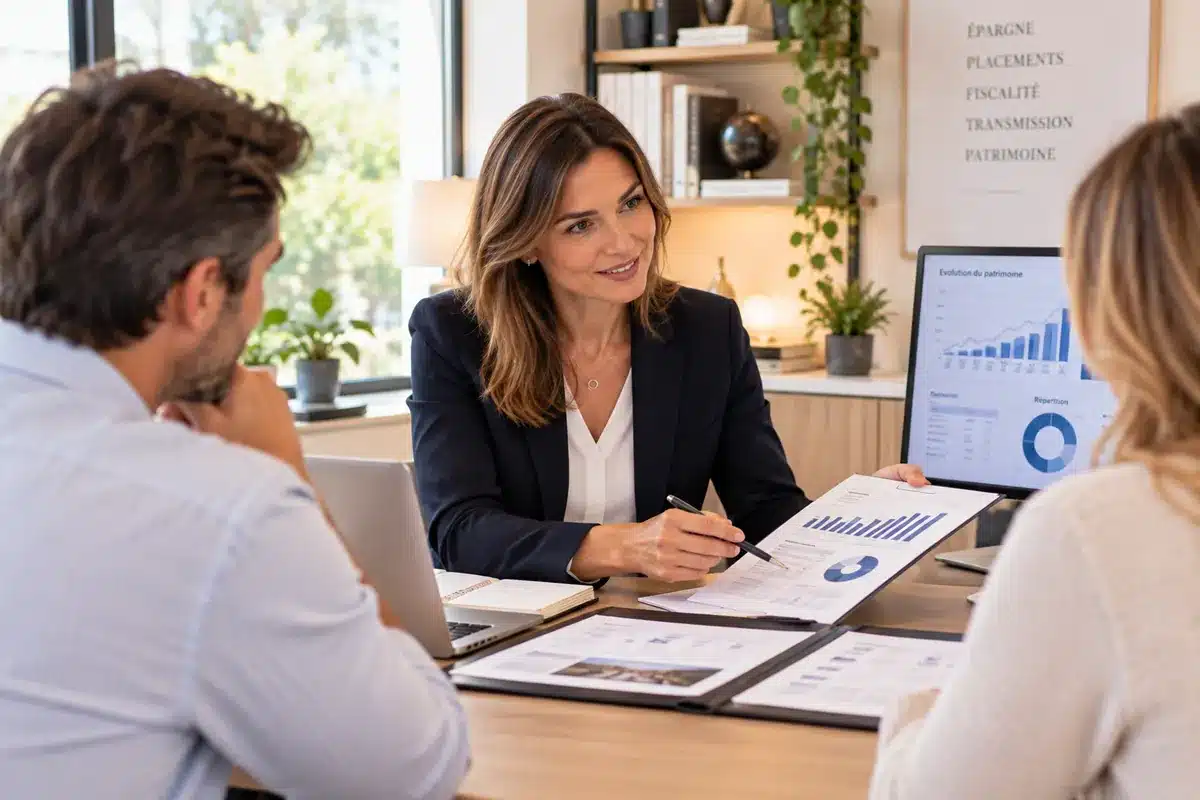 Agence SEO gestionnaire de patrimoine : conseillère présentant un bilan patrimonial à un couple