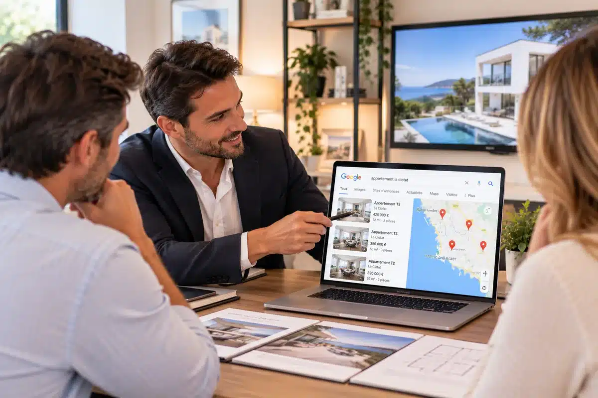 Agence SEO immobilier : négociateur présentant des biens à un couple dans une agence