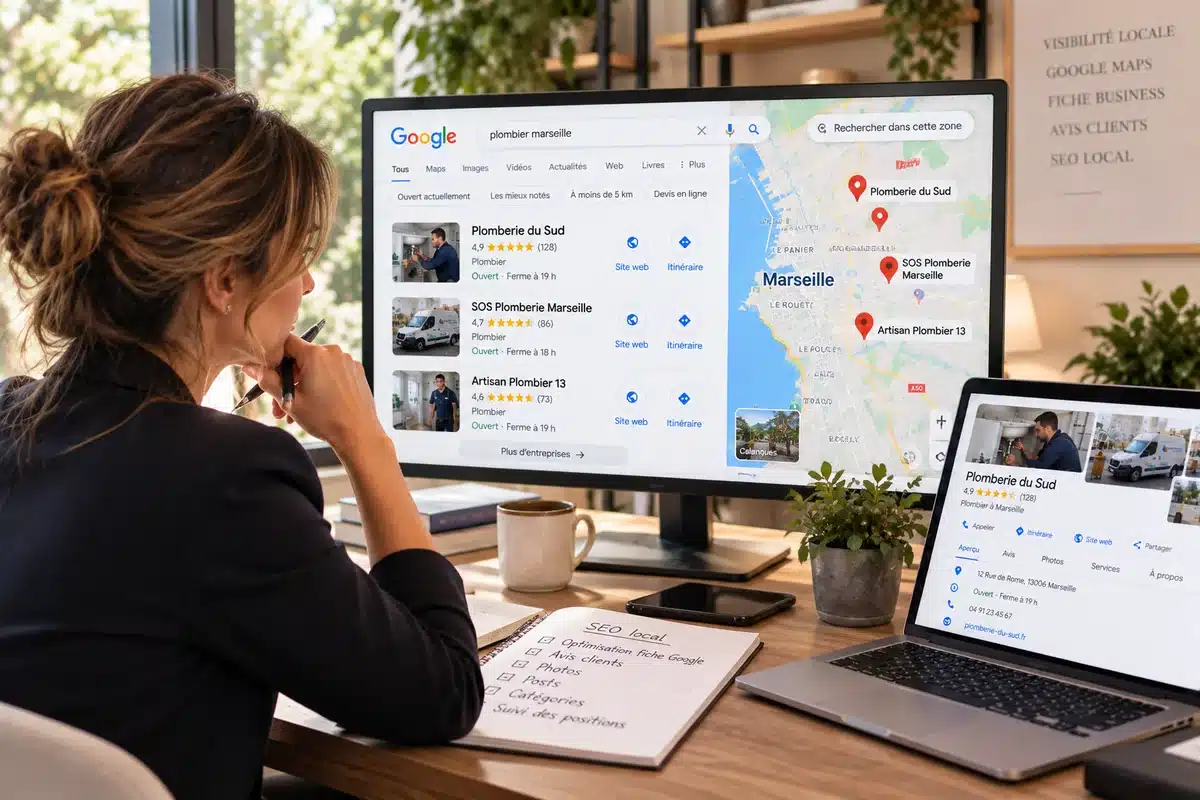 Agence SEO locale : résultats de recherche locale et fiche Google Business Profile sur un écran