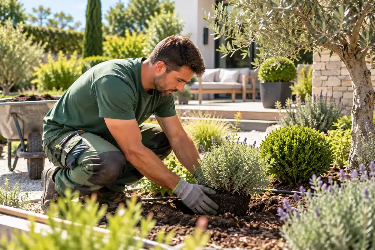 Agence SEO paysagiste : paysagiste plantant un massif dans un jardin aménagé