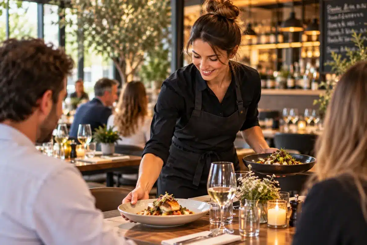 Agence SEO restaurant : serveuse apportant des assiettes à des clients en salle