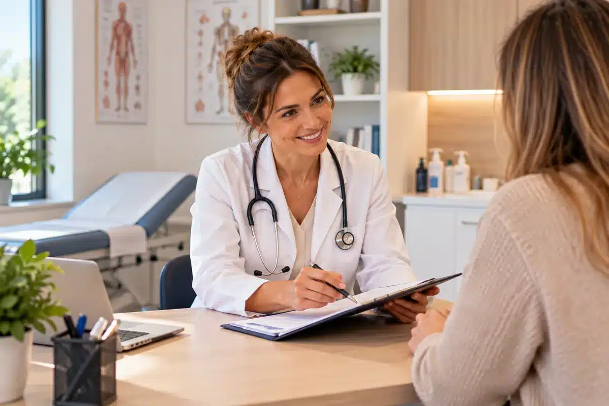 Agence SEO santé : praticienne de santé recevant une patiente en consultation