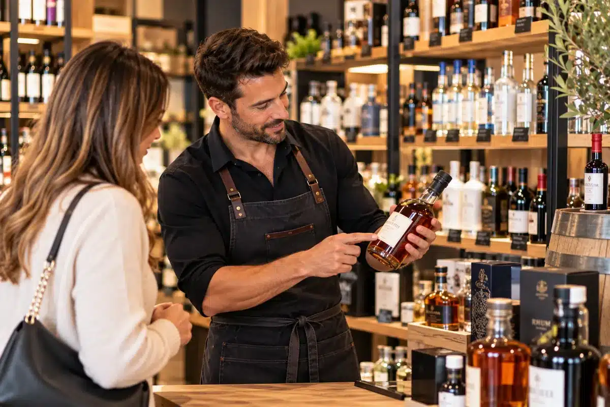 Agence SEO spiritueux : caviste présentant une bouteille à une cliente en boutique