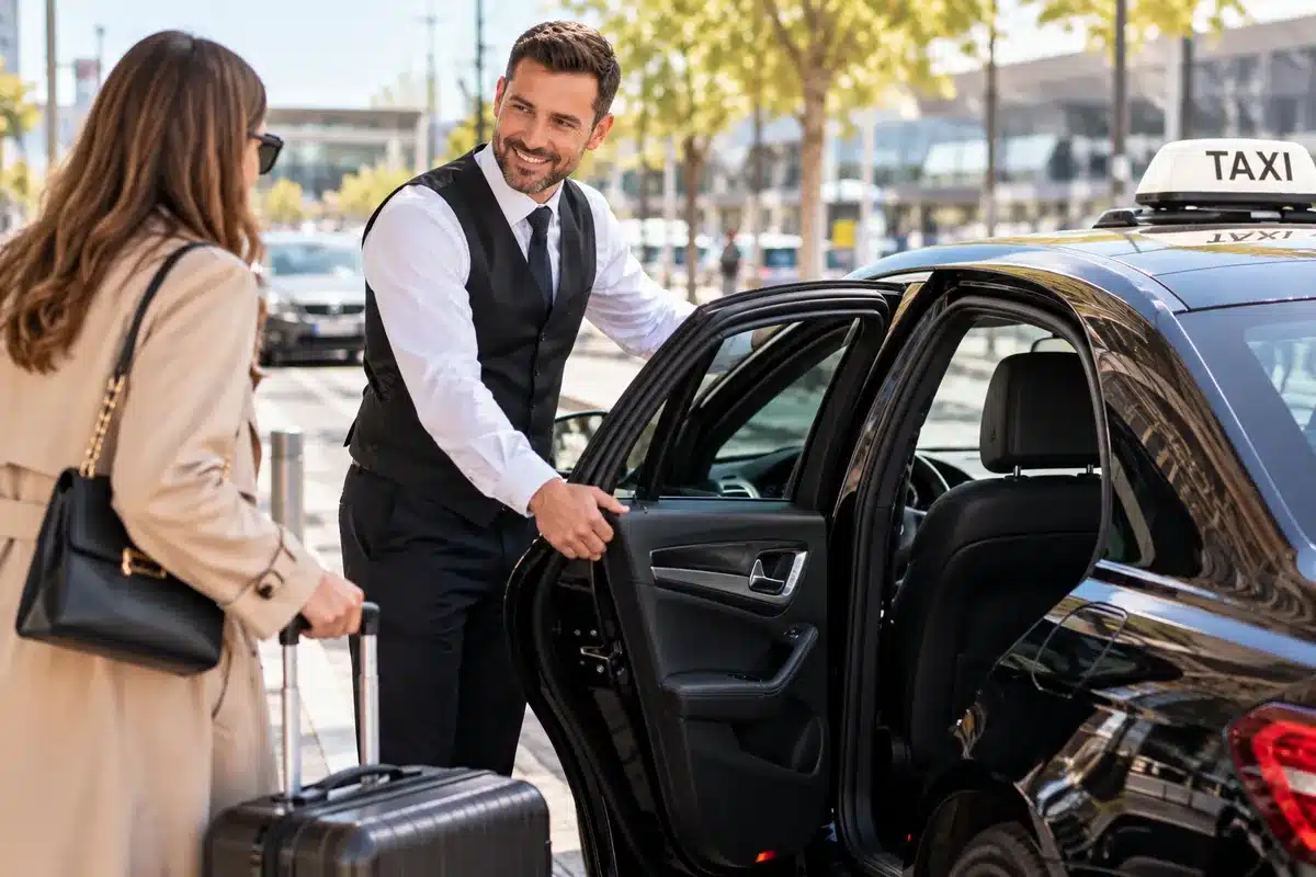 Agence SEO taxi : chauffeur de taxi accueillant une cliente devant un aéroport
