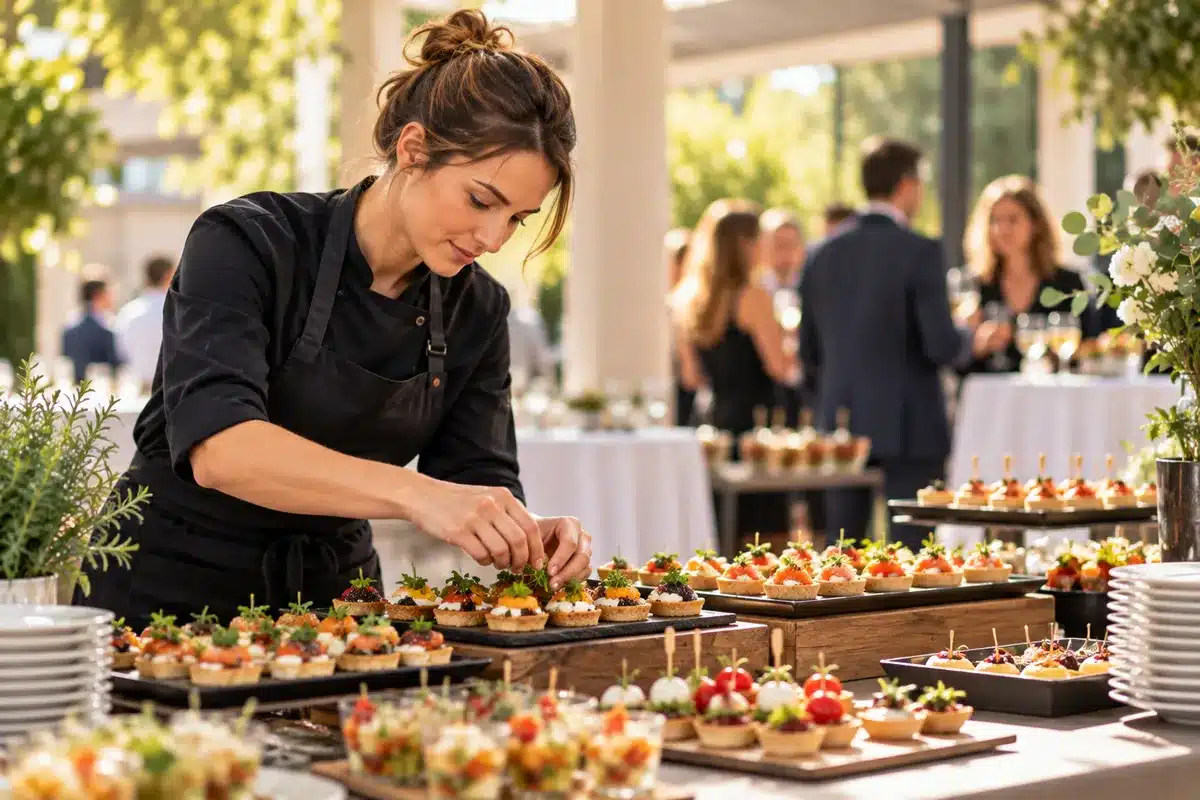 Agence SEO traiteur : traiteur dressant un buffet de pièces cocktail lors d'une réception