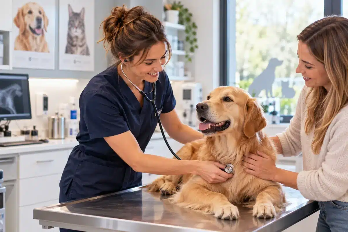 Agence SEO vétérinaire : vétérinaire auscultant un chien en consultation
