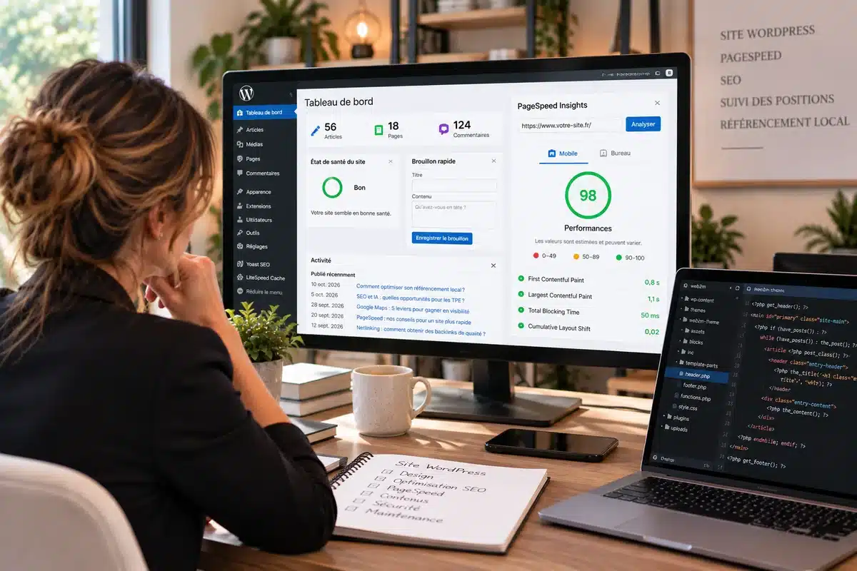 Agence SEO WordPress : tableau de bord WordPress et rapport PageSpeed Insights sur un écran